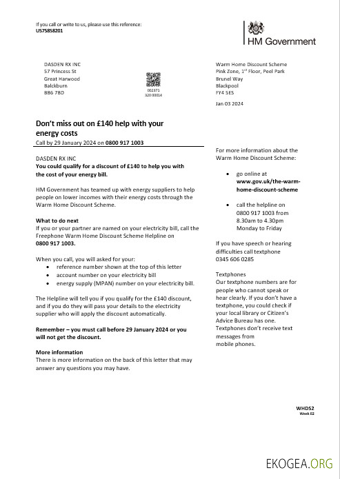 Modèle de facture de services publics d'entreprise du gouvernement HM du Royaume Uni Warm Home Energy aux formats Word et PDF